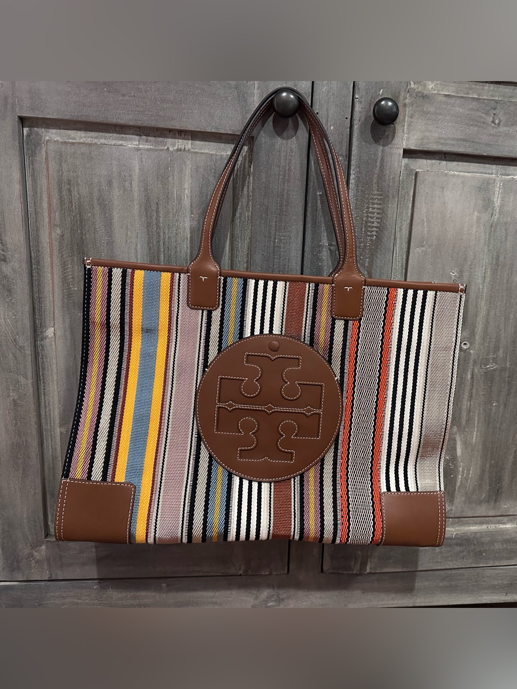Tory Burch Multistripe Canvas Tote With Brown Leather Logo